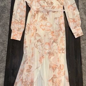 Express Floral Long Sleeve High Low Dress in Cream and Peach